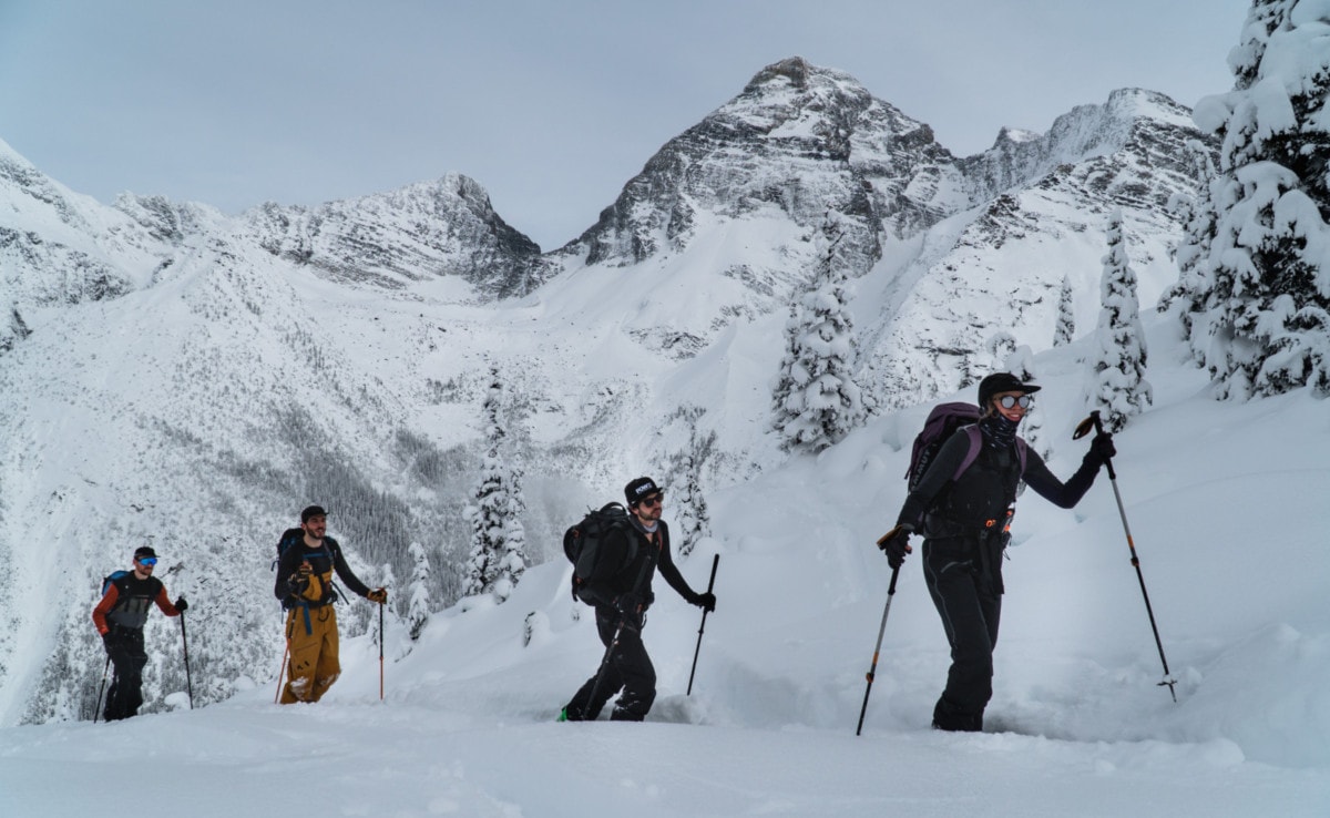 group of ski tourers heading up the glacier crest trail