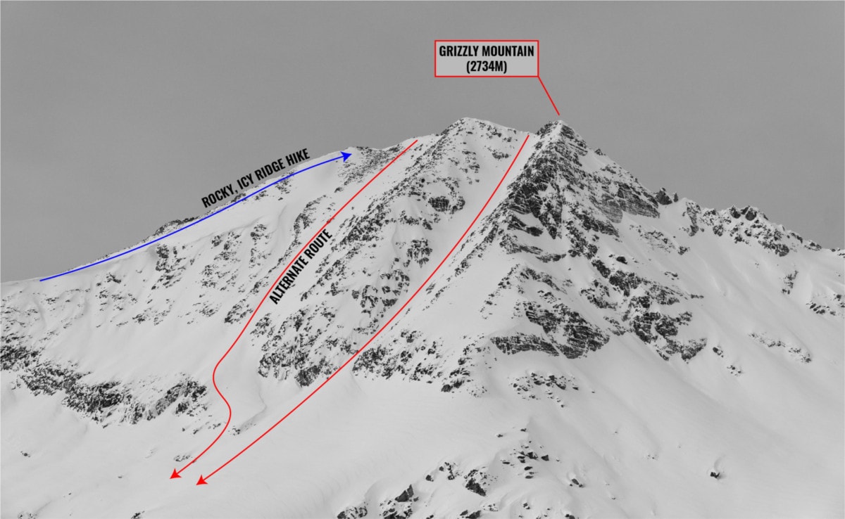 grizzly couloir descent close up with overlay