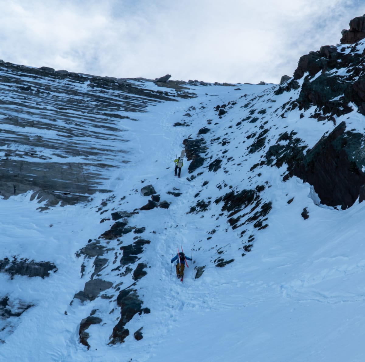 group of skiers and splitboarders climbing the dome col