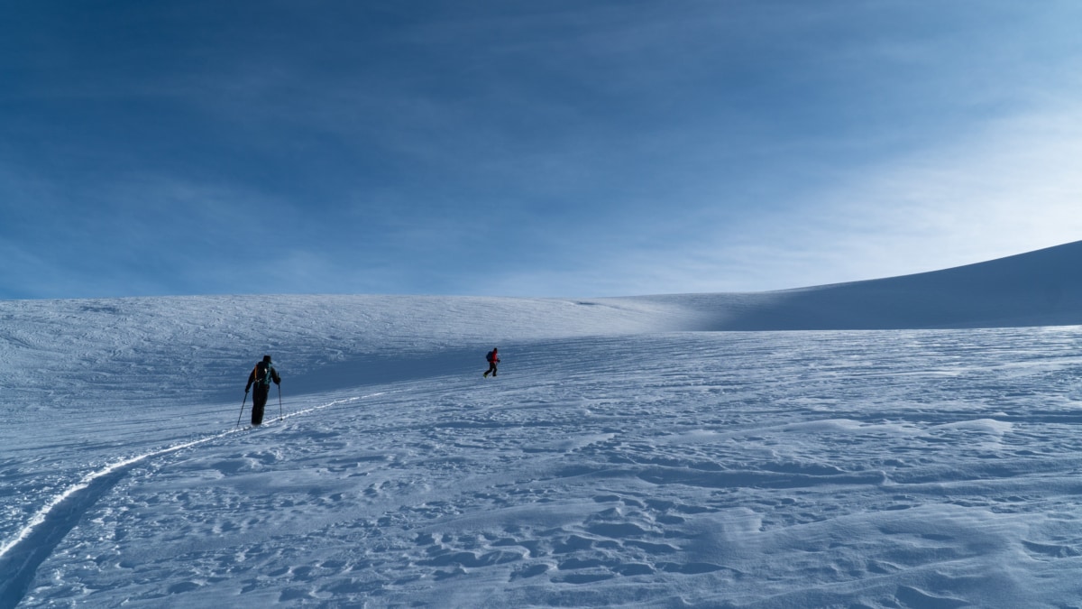 two ski tourers on the illecilewaet neve going towards young couloir