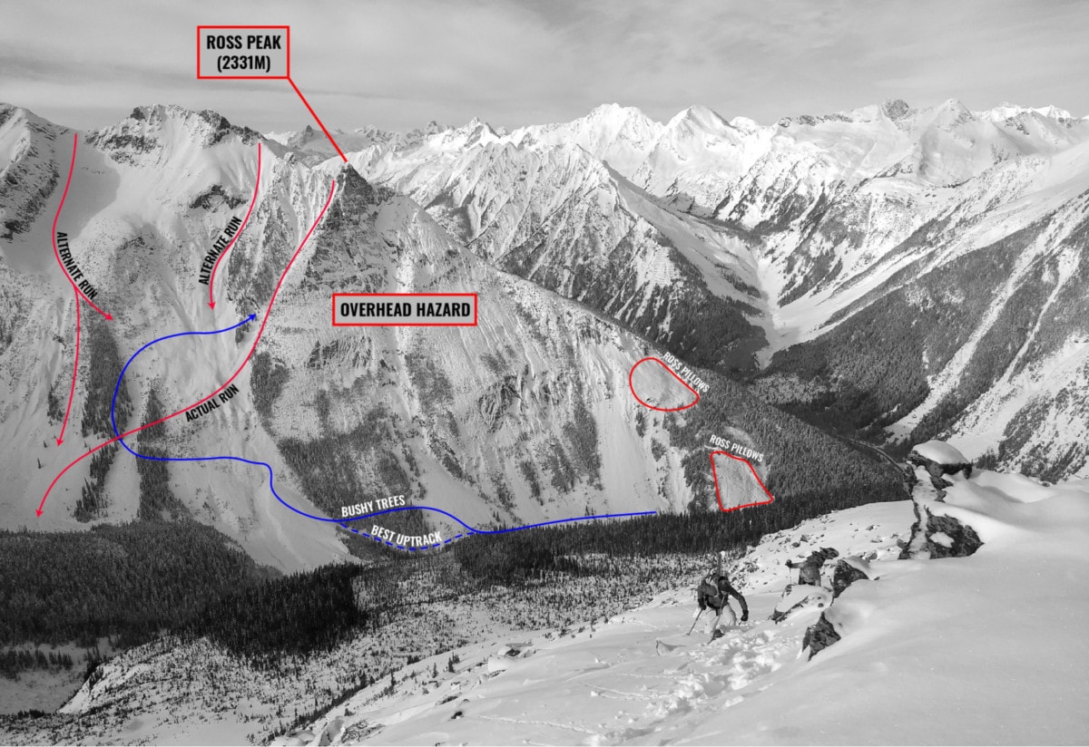 view of ross peak and its couloirs approach and descent with overlay
