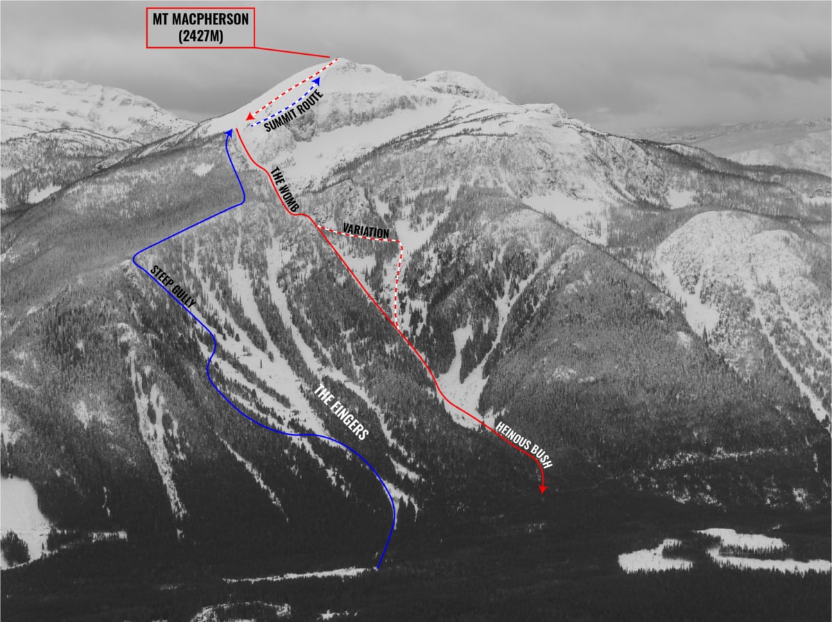 ascent and descent route to summit of mt macpherson in revelstoke