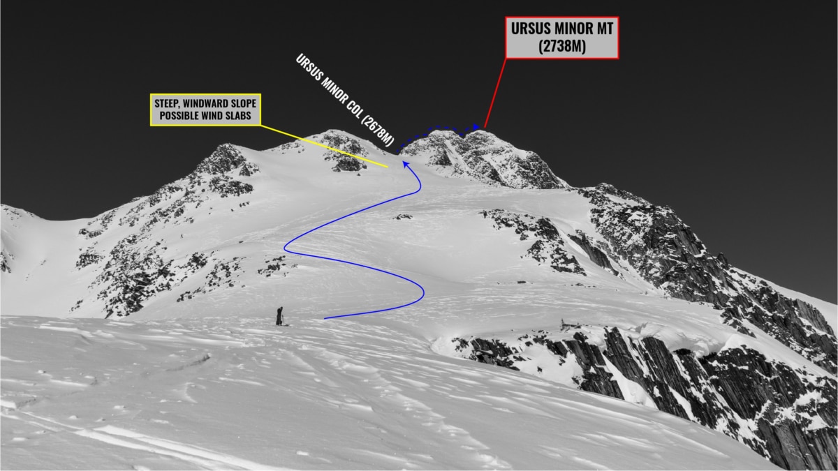 close up of ursus minor mt ascent from south face with overlay