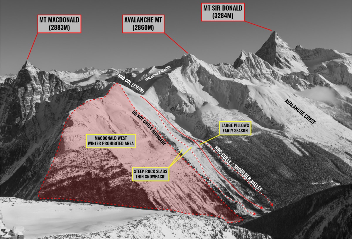 overview of descent routes on macdonald west shoulder NRC slopes