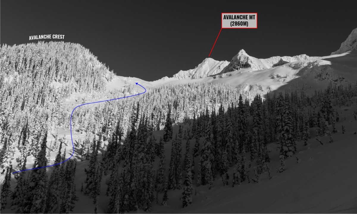 uphill view of avalanche crest with route overlay