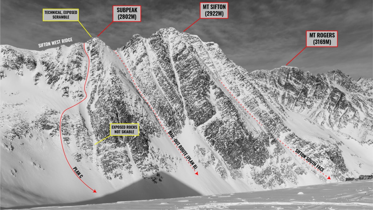 overview of mt sifton routes on south face with overlay
