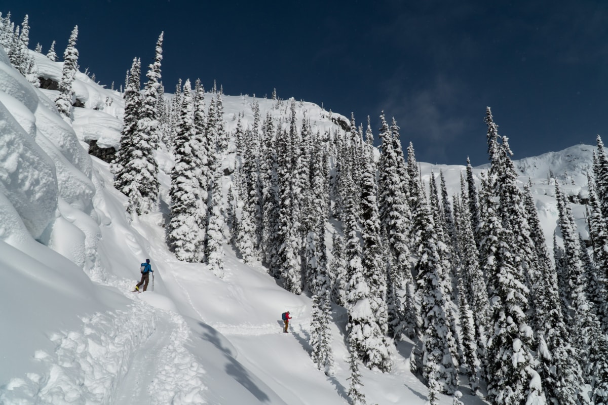 two skiers ascending the hermit meadows