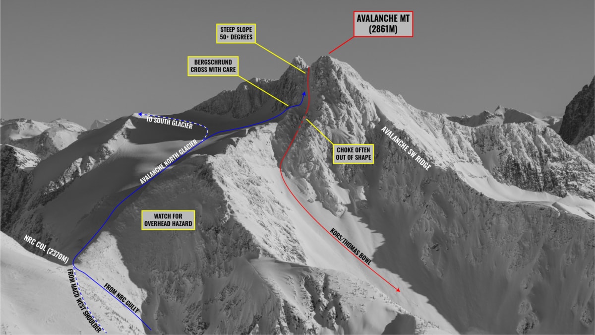view of avalanche nw couloir aka vent shaft with route overlay