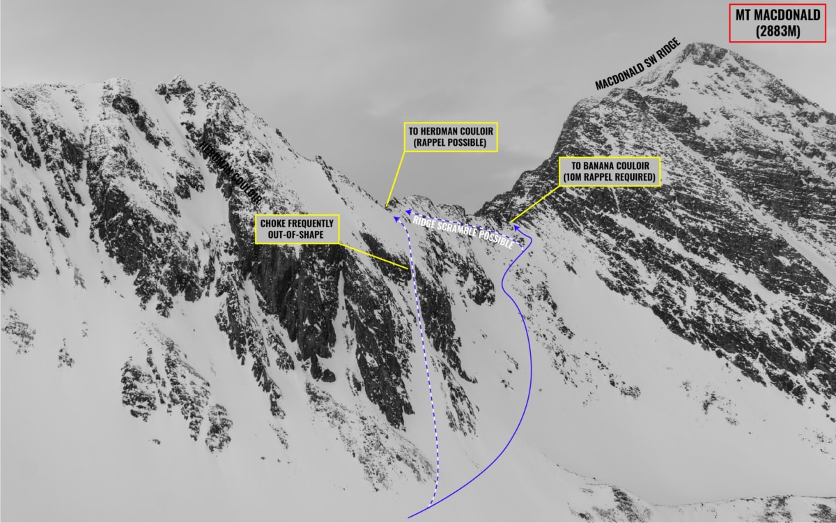 view of the se face of mt macdonald with entrance to banana and herdmann couloir