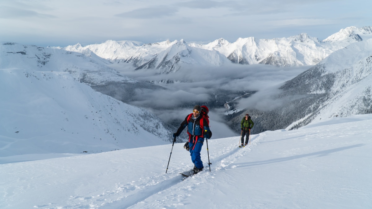 ski tourers walking up the illecillewaet neve in winter