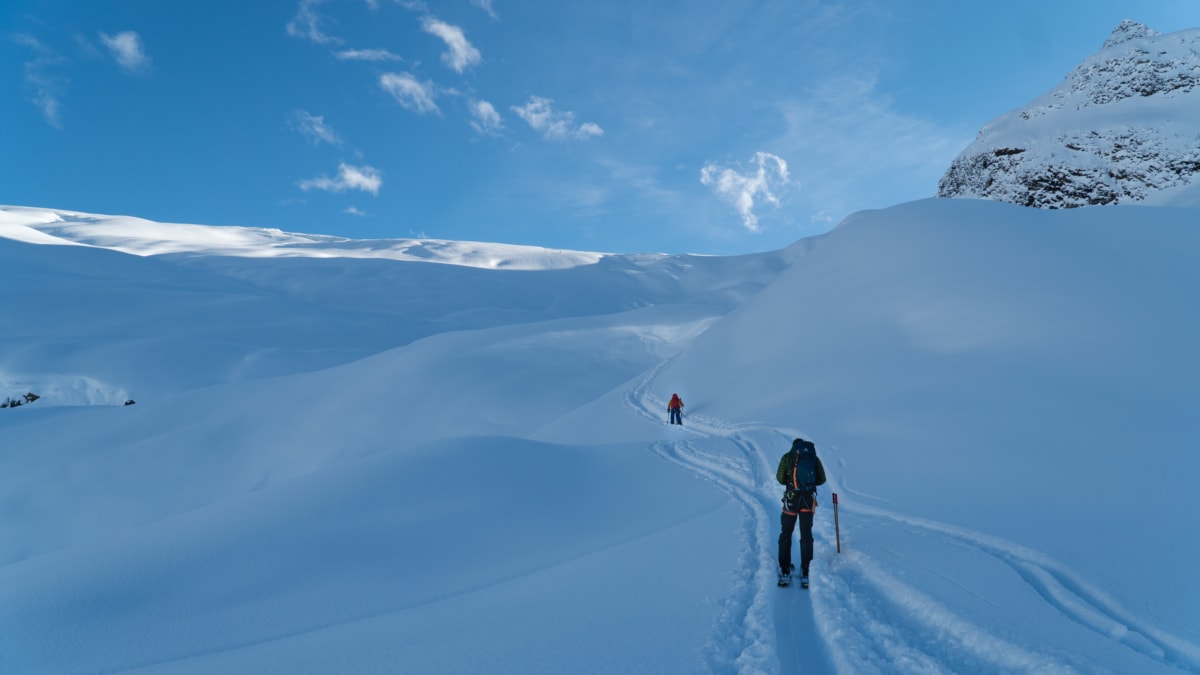 two man ski touring up the toe of the illecillewaet glacier