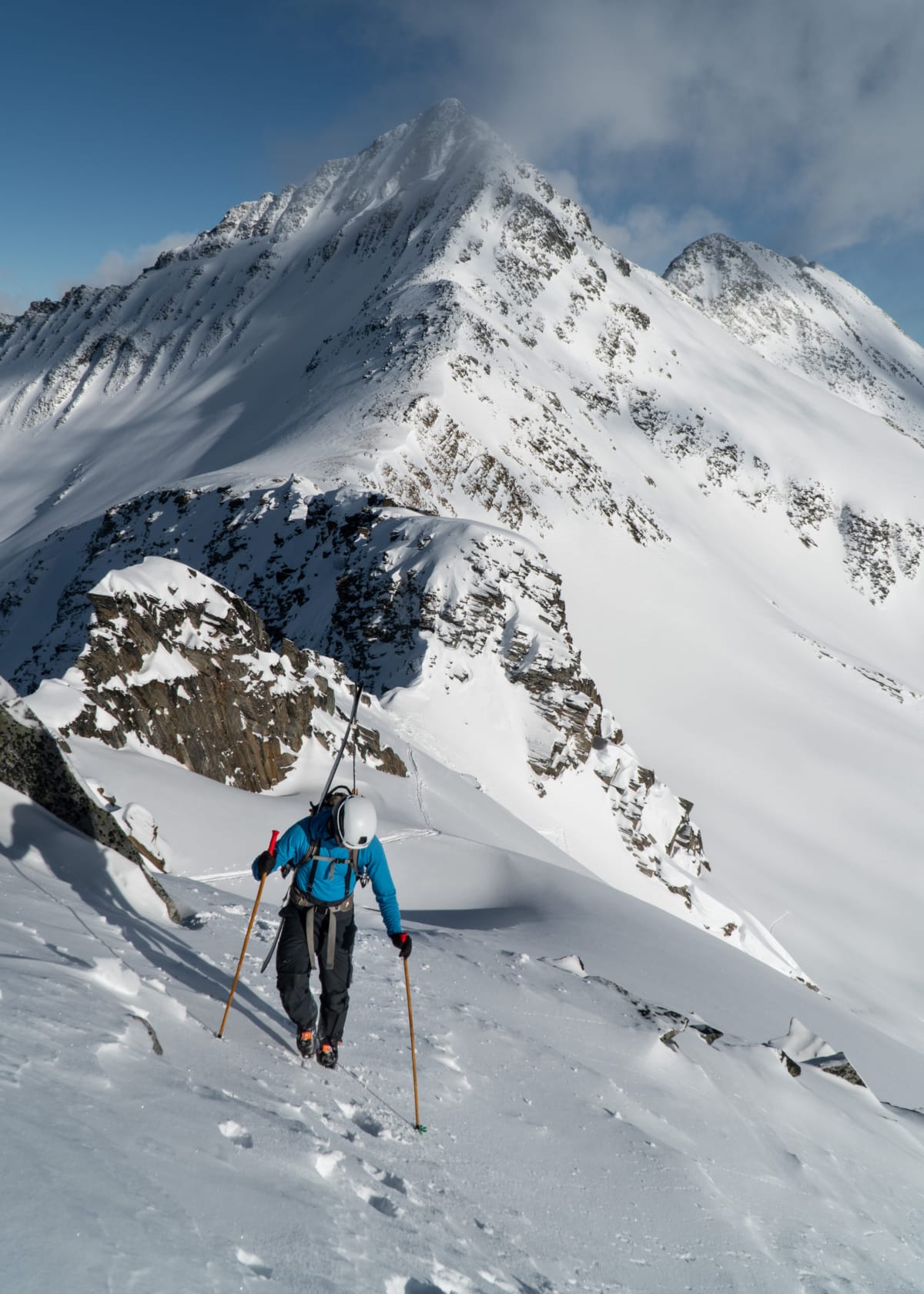 skier climbing the east ridge of video peak