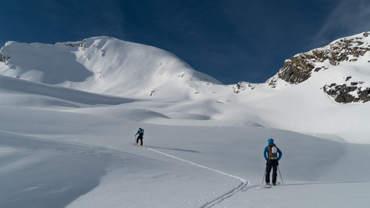 two ski mountaineers touring up catamount pass