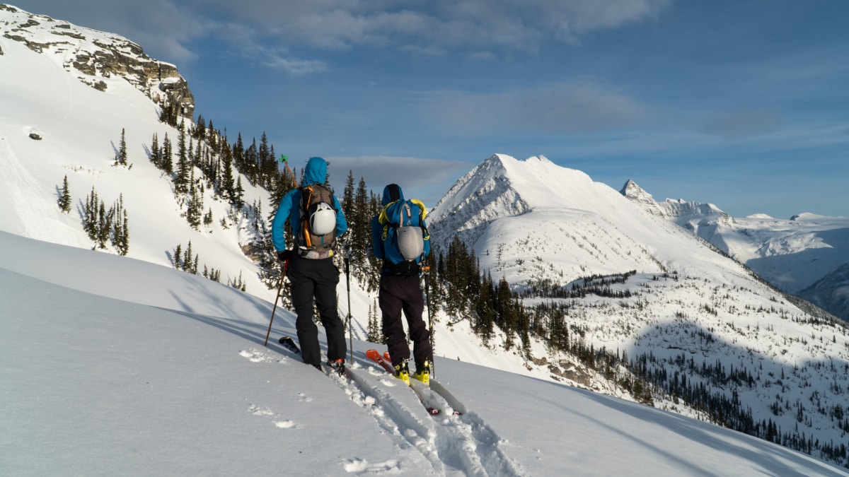 two skiers scoping out a path through ursus major south bowl