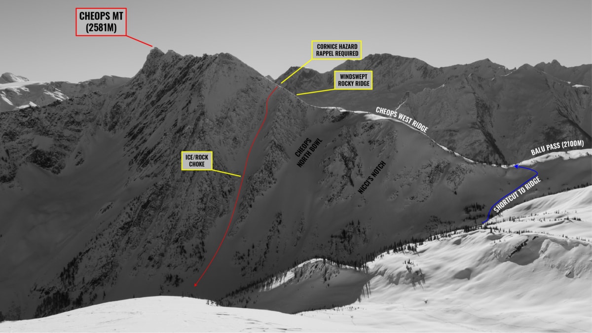overview of sts couloir route with overlay from balu pass